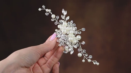 Pearl Rhinestone Bridal Comb, Silver Wedding Hair Piece