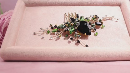 Black & Green Crystal Wedding Hair Comb: Gold Bridal Hairpiece