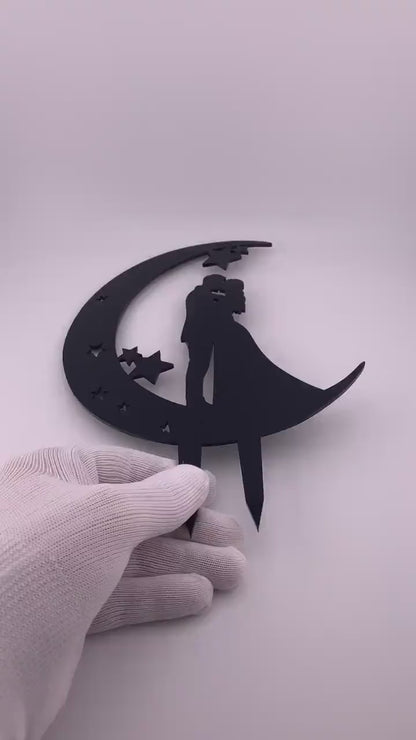 Moon and Stars Wedding Cake Topper: Bride and Groom Silhouette