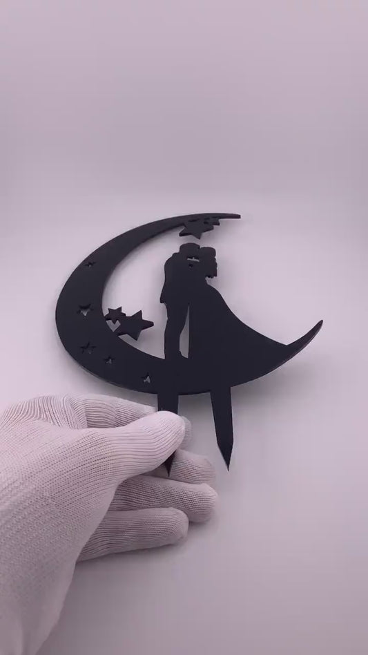 Moon and Stars Wedding Cake Topper: Bride and Groom Silhouette