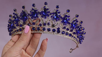 Blue Crystal Wedding Tiara, Gold Rhinestone Bridal Crown, Something Blue Headpiece