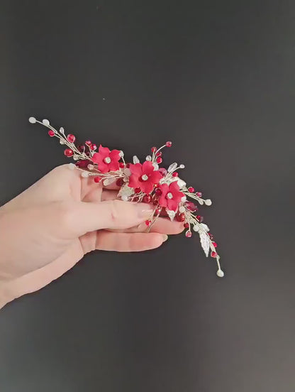 Red Floral Wedding Hair Comb. Elegant Bridal or Prom Hairpiece. Handmade Wedding Accessory for Brides & Bridesmaids