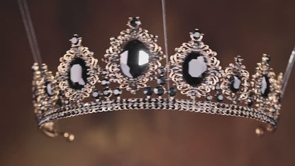 Black Crystal Wedding Tiara, Gothic Bridal Crown, Gold Statement Headpiece
