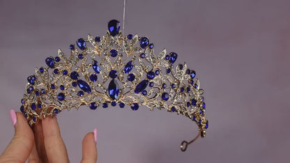 Blue Crystal Gold Floral Bridal Tiara, Rhinestone Wedding Crown, Prom Headpiece