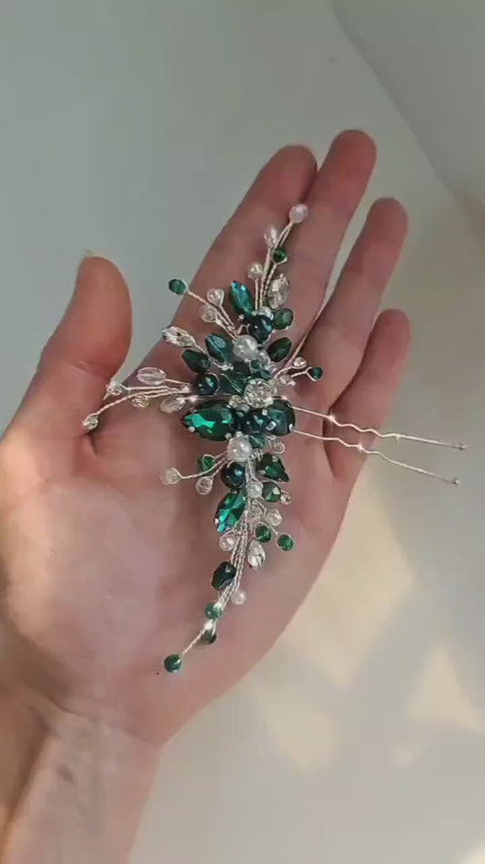 Emerald Crystal Hair Pin, Gold Bridal Hair Accessory, Green Wedding Hair Jewelry