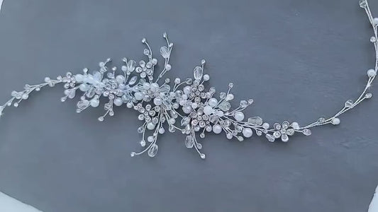 Pearl Crystal Wedding Hair Vine: Silver Bridal Headpiece, 16 Inch