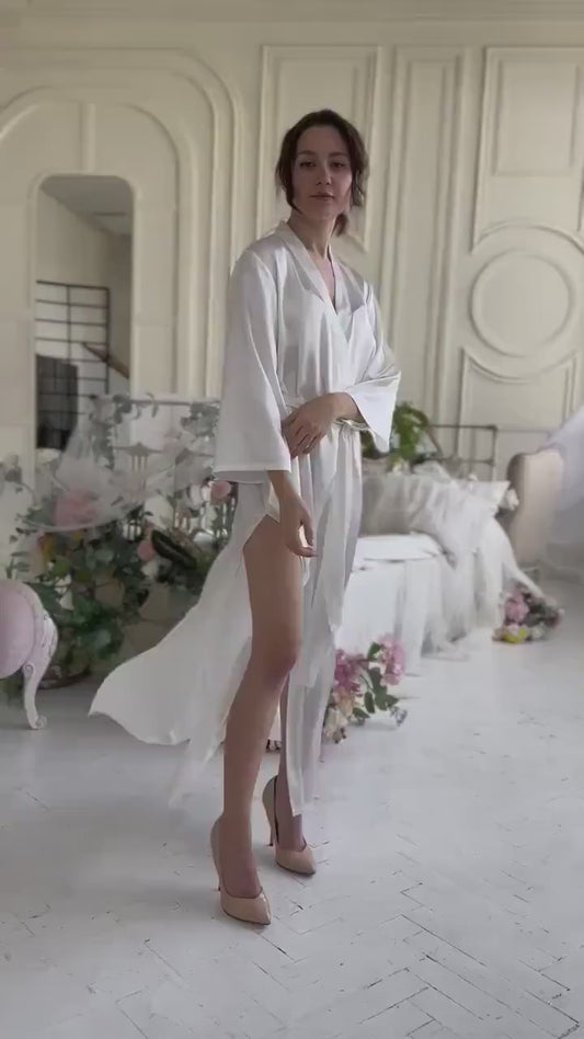 White Satin Bridal Robe, Wedding Day Lingerie, Long Bridal Kimono, Elegant Getting Ready Outfit