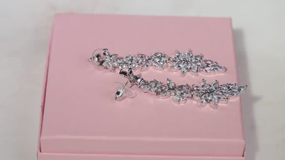 Cubic Zirconia Wedding Earrings, Long Silver Bridal Dangle Earrings, Prom Jewelry for Her