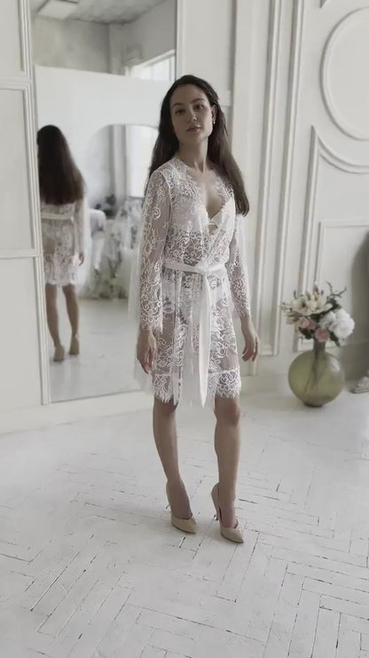 Chantilly Lace Bridal Robe, White Sheer Wedding Gown, Romantic Boudoir Peignoir