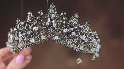 Black Crystal Bridal Tiara, Gold Plated Gothic Wedding Crown, Alternative Bride Headpiece