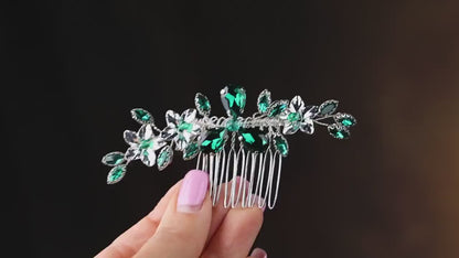 Emerald Crystal Wedding Hair Comb, Silver Floral Bridal Hairpiece
