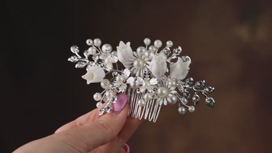 White Tulip Pearl Bridal Hair Comb, Silver Wedding Hairpiece