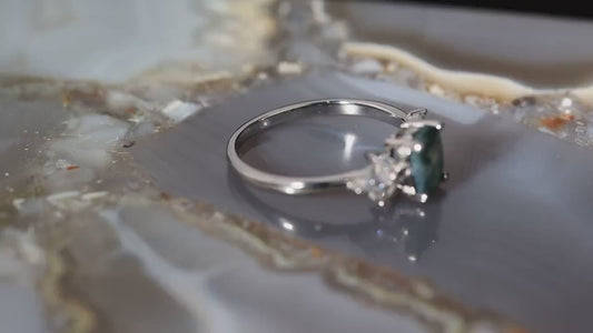 Oval Moss Agate Engagement Ring: Sterling Silver, CZ Accents