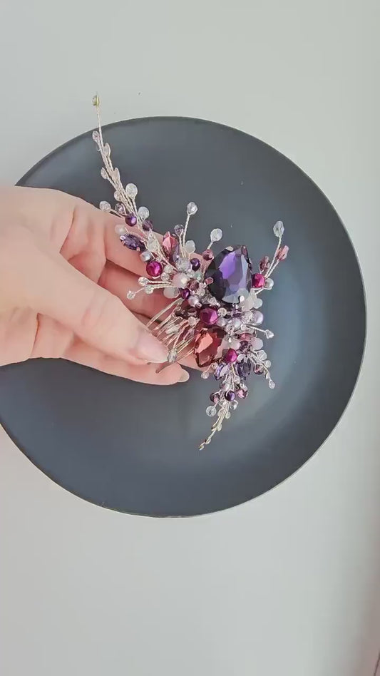 Burgundy Crystal Wedding Hair Comb, Purple Bridal Hair Piece, 6 Inch