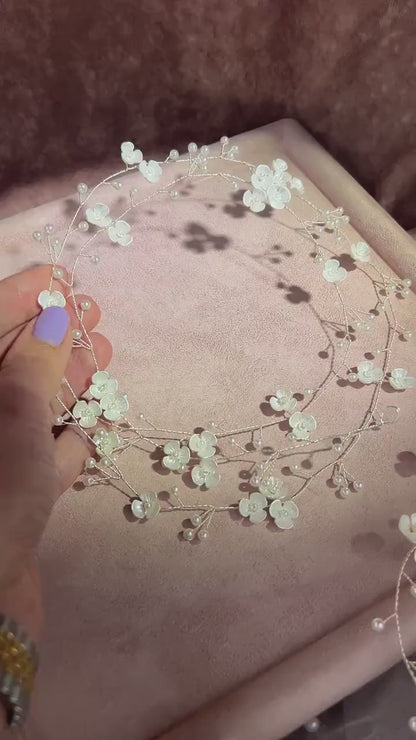 Pearl Flower Bridal Hair Vine: Handmade Wedding Headpiece (39")