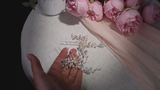 Pearl Floral Bridal Hair Pins Set of 2, Silver Wedding Hairpieces, Bride Hair Pins