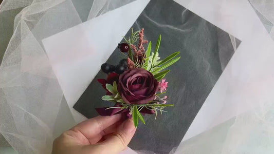 Wine Rose Grooms Boutonniere: Handmade Wedding Corsage